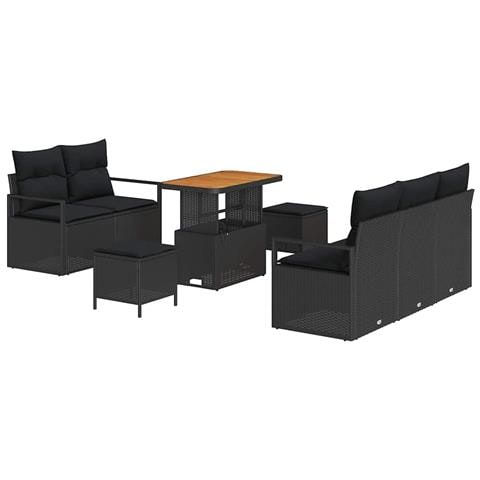 Set Divano da Giardino 8 Pezzi con Cuscini Nero Polyrattan Acacia, Divano da Giardino 2 Posti con Ripostiglio e Cuscini Nero Polyrattan, Set da Pranzo da Giardino 3 Pezzi con Cuscini Nero Polyrattan Acacia - Foto 1