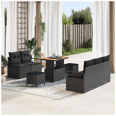 Set Divano da Giardino 8 Pezzi con Cuscini Nero Polyrattan Acacia, Divano da Giardino 2 Posti con Ripostiglio e Cuscini Nero Polyrattan, Set da Pranzo da Giardino 3 Pezzi con Cuscini Nero Polyrattan Acacia - Foto 2
