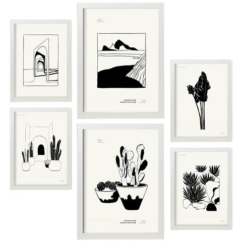Set Di 6 Stampe Cactus In Vaso Con Inchiostro Nero, Stampe Artistiche E Astratte Per L'interior Design A3 & A4 Cornice Bianca - Foto 1