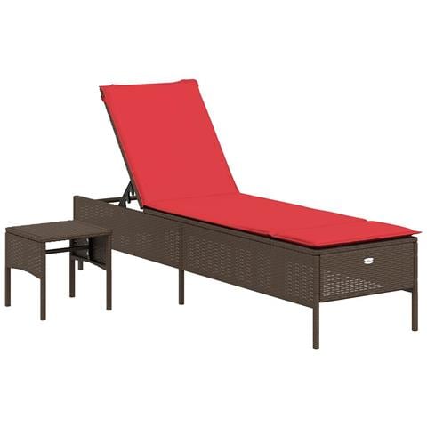 Lettino prendisole con Tavolino e Cuscino in Polyrattan Marrone - Foto 1