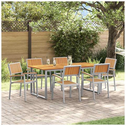 Set da Pranzo da Giardino 7 Pezzi Grigio in Acciaio e Legno Massello di Acacia - Foto 2