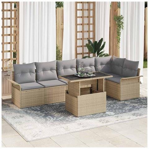 Set di Divani da Giardino composto da 7 pezzi con cuscini Beige in Rattan Poli - Foto 2