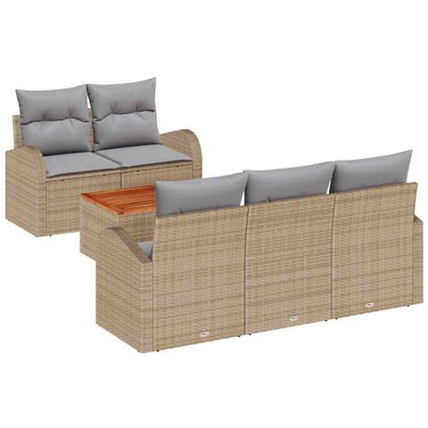 Set di divano da giardino 6 pezzi con cuscini Beige Polyrattan Acacia - Foto 1