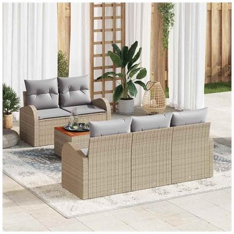 Set di divano da giardino 6 pezzi con cuscini Beige Polyrattan Acacia - Foto 2