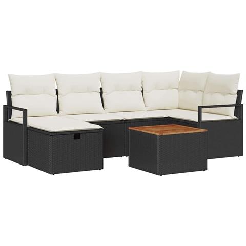 Set divano da giardino da 7 pezzi con cuscini in polyrattan nero, Divano da giardino per 2 persone con cuscini in polyrattan nero - Foto 1