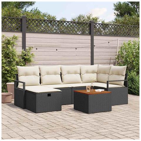 Set divano da giardino da 7 pezzi con cuscini in polyrattan nero, Divano da giardino per 2 persone con cuscini in polyrattan nero - Foto 2