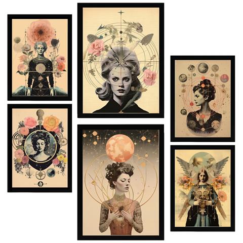 Set Di 6 Stampe Dipinto Decorativo Collage Floreale Surreale In Mistico Esoterico Incorniciato Con Illustrazioni A3 & A4 Cornice Nera - Foto 1