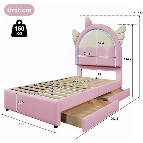Letto Bambino A Forma Di Unicorno Con Led Multicolore E Due Cassetti - Foto 2