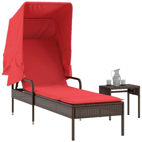 Lettino prendisole con tettuccio e Tavolino in Polyrattan Marrone - Foto 2