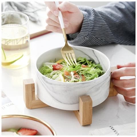 Wokex Ciotola Di Ceramica In Marmo Nordico Con Portabicchiere Di Bambù Impilabile Grande Insalata Frutta Dessert Ciotola Gatt