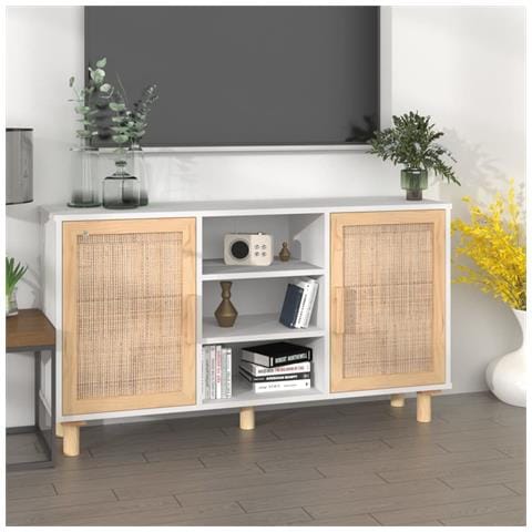 Credenza Bianca 105x30x60cm Legno Massello Pino Rattan Naturale - Foto 14
