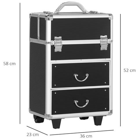 Trolley Valigetta Porta Trucchi Professionale, Blocco Con 2 Chiavi E Ruote, Nero 36x23x52cm - Foto 6