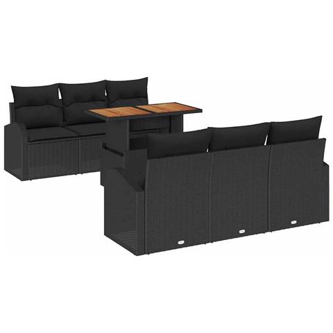 Set divano da giardino da 7 pezzi con cuscini in polyrattan nero,  Divano da giardino per 2 persone con ripostiglio e cuscini in polyrattan nero - Foto 1