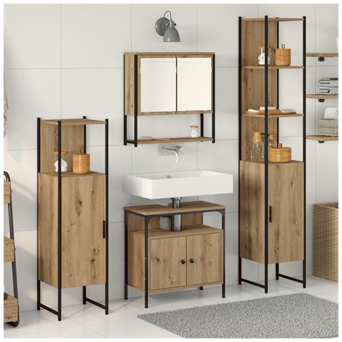 Set di mobili da bagno a 4 pezzi in legno ingegnerizzato rovere Artisan - Foto 2