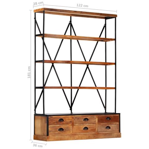 Libreria A 4 Ripiani 6 Cassetti 122x36x181cm Massello Di Mango - Foto 8