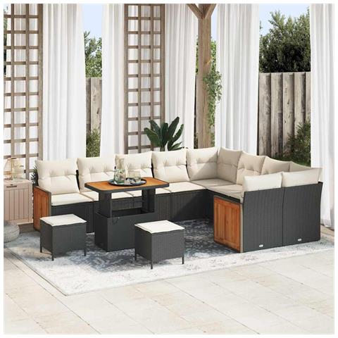 Set di 12 Pezzi Divano da Giardino con Cuscini Nero Polyrattan Acacia,  Set da Pranzo da Giardino con Cuscini Nero Polyrattan Acacia,  Divano da Giardino per 2 Persone con Cuscini Nero Polyrattan - Foto 2