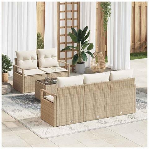Set Divani Giardino 6 Pezzi con Cuscini Beige in Rattan Polietilene, Divano Giardino 2 Posti con Cuscini Beige in Rattan Polietilene - Foto 2