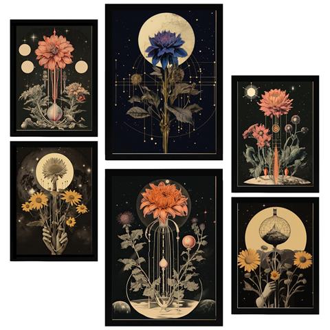 Set Di 6 Stampe Illustrazione Decorativa Di Pittura Surreale Collage In Mistico Esoterico Incorniciato Con Illustrazioni A3 & A4 Cornice Nera - Foto 1