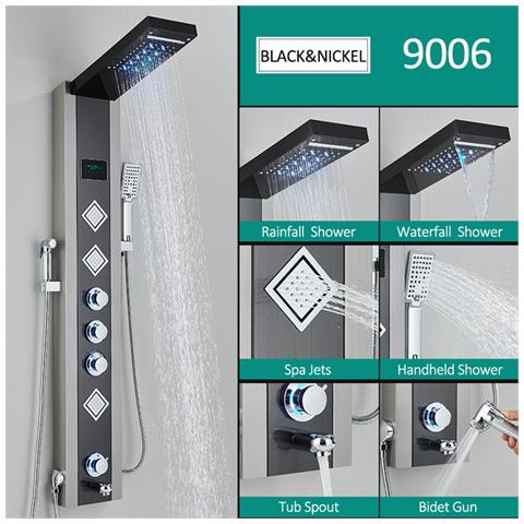 Pannello doccia Blackswan, modello M9006 nero con LED, display digitale, bocca di erogazione, doccetta bidet e funzioni SPA, misura 125 cm - Foto 2