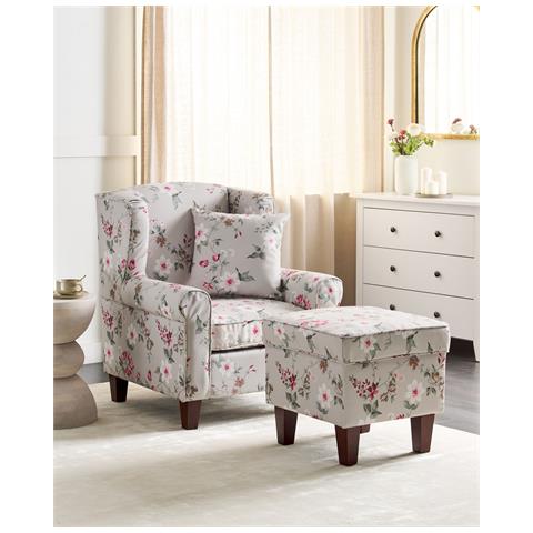 Poltrona Wing Con Poggiapiedi In Tessuto Beige E Motivo Floreale Hamar - Foto 16