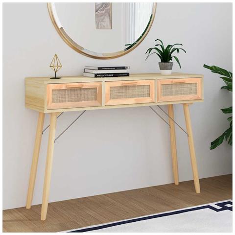 Tavolo Consolle Marrone 105x30x75 Massello Pino Rattan Naturale - Foto 9