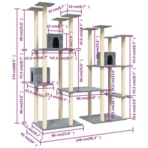 Albero Per Gatti Con Tiragraffi In Sisal Grigio Chiaro 174 Cm - Foto 7