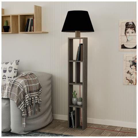 Lampada Da Terra Giorno In Legno Con Libreria E Paralume Nero - Foto 1