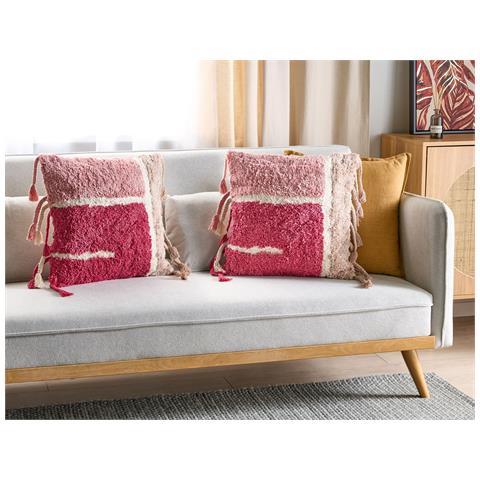 Set Di 2 Cuscini Bistorta Cotone 45 X 45 Cm Rosa Trama Geometrica - Foto 1