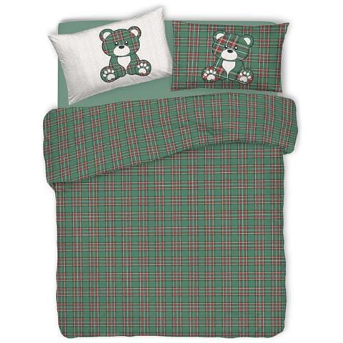 Copripiumino Sacco Piumone Pensieri Delicati 100% Cotone Orsetto Tartan Singolo Verde - Foto 1