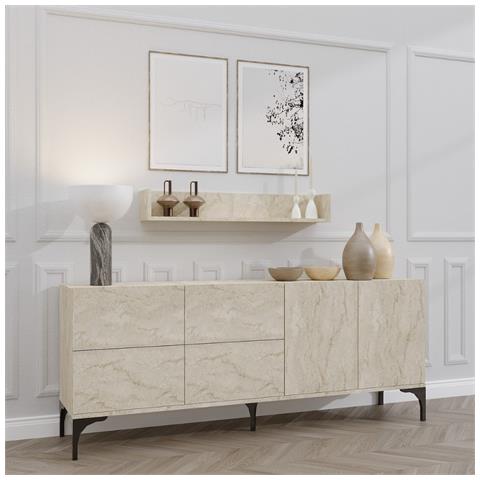 Aura Credenza Effetto Travertino 180 Cm Con 6 Porte E Mensola - Foto 3