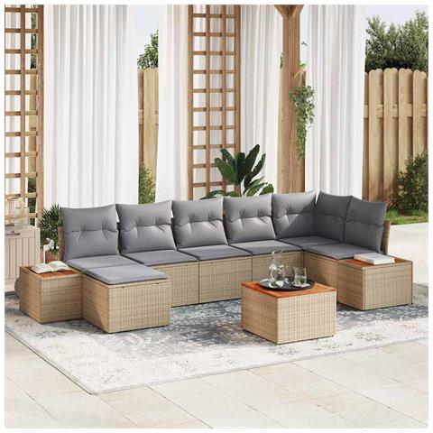 Set di divani da giardino composto da 8 pezzi con cuscini beige in polirattan e acacia - Foto 2