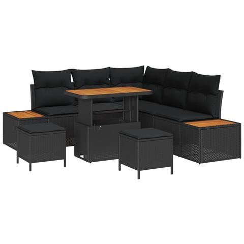 Set Divano da Giardino 8 Pezzi con Cuscini Nero Polyrattan Acacia, Set da Pranzo da Giardino 3 Pezzi con Cuscini Nero Polyrattan Acacia - Foto 1