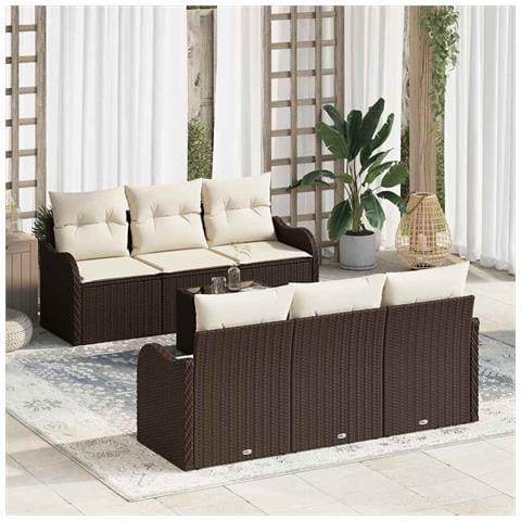 Set Divano da Giardino da 7 Pezzi con Cuscini in Rattan Polare Marrone, Divano da Giardino a Due Posti con Ripostiglio e Cuscini in Rattan Polare Marrone - Foto 2