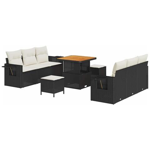 Set Divano Giardino 9 Pezzi con Cuscini Rattan Sintetico Nero Acacia, Set da Pranzo Giardino 3 Pezzi con Cuscini Rattan Sintetico Nero Acacia - Foto 1