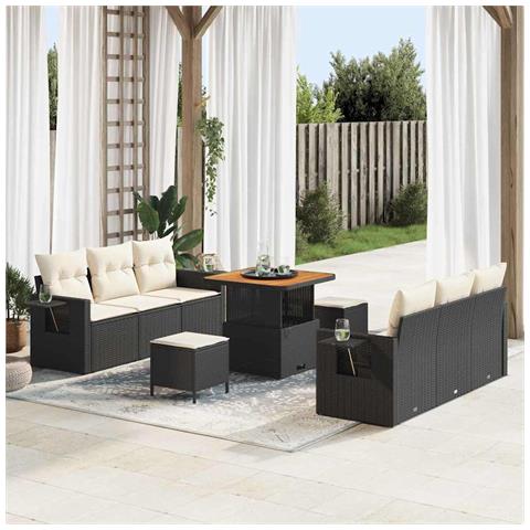 Set Divano Giardino 9 Pezzi con Cuscini Rattan Sintetico Nero Acacia, Set da Pranzo Giardino 3 Pezzi con Cuscini Rattan Sintetico Nero Acacia - Foto 2