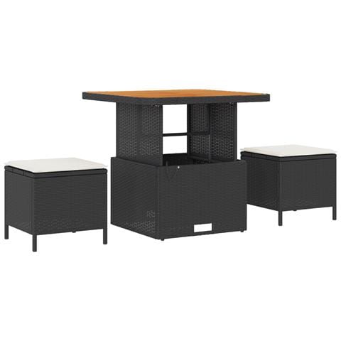 Set da pranzo da giardino 3 pezzi con cuscini nero in poly rattan e acacia - Foto 1
