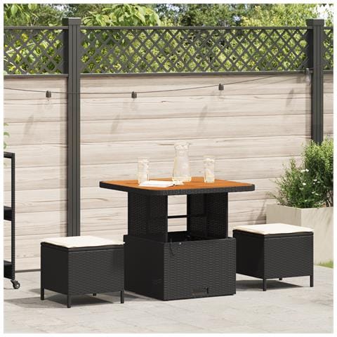 Set da pranzo da giardino 3 pezzi con cuscini nero in poly rattan e acacia - Foto 2