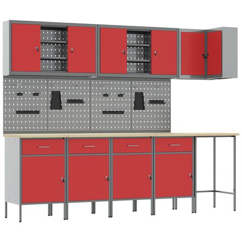 Set di armadietti da lavoro e pannelli forati da 12 pezzi Rosso in MDF e Metallo - Foto 1