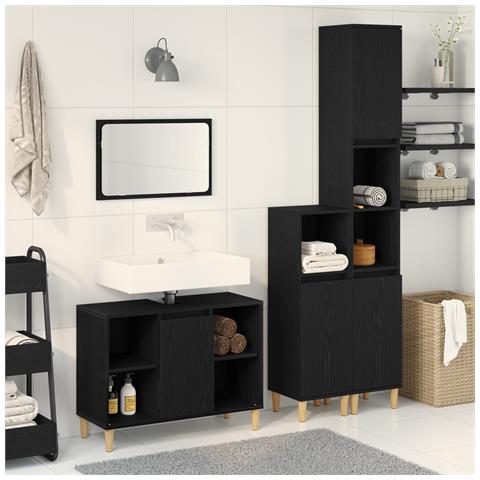 Set di Mobili da Bagno da 3 Pezzi  in Rovere Nero Legno Ingegnerizzato, Mobile da Bagno  Rovere Nero 30x30x190 cm Legno Ingegnerizzato, Mobile da Bagno  Rovere Nero 30x30x100 cm Legno Ingegnerizzato - Foto 2