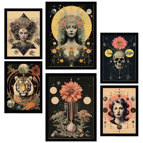 Set Di 6 Stampe Pittura Decorativa Collage Illustrazione Surreale In Mistico Esoterico Incorniciato Con Illustrazioni A3 & A4 Cornice Nera - Foto 1