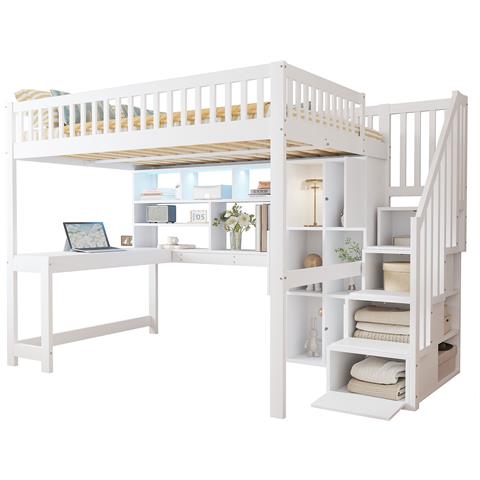 Letto Soppalco Matrimoniale Con Led, Scaffali E Scala Organizzativa - Foto 1