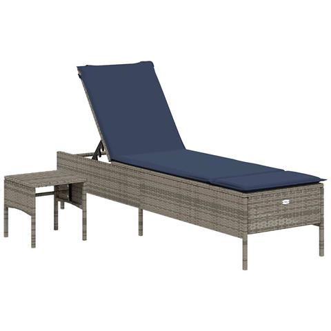Lettino prendisole con Tavolino e Cuscino in Polyrattan Grigio - Foto 1