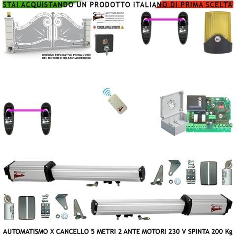 Kit Automazione Cancello Battente 5 Metri 2 Ante Da 2,5 Mt 2 Motori Elettromeccanici 230 V Corsa 400 Mm Spinta 2 Q.li - Foto 1