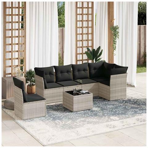 Set Divani Da Giardino 7pz Con Cuscini Grigio Chiaro Polyrattan - Foto 1