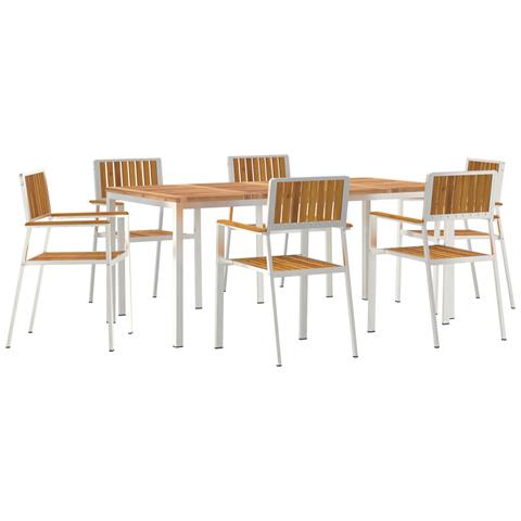 Set da pranzo da giardino 7 pezzi in legno massello di acacia , Tavolo da pranzo all'aperto 180x90x75 cm in legno massello di acacia , Sedie da giardino impilabili 2 pz in legno massello di acacia e metallo , Sedie da giardino impilabili 4 pz in legno mas - Foto 1