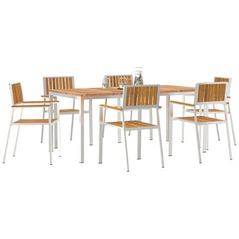 Set da pranzo da giardino 7 pezzi in legno massello di acacia , Tavolo da pranzo all'aperto 180x90x75 cm in legno massello di acacia , Sedie da giardino impilabili 2 pz in legno massello di acacia e metallo , Sedie da giardino impilabili 4 pz in legno mas - Foto 2