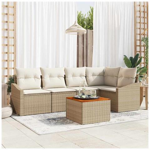 Set di Divano da Giardino 6 Pezzi con Cuscini Beige Rattan PE Acacia - Foto 2