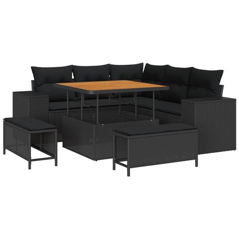 Set Divano da Giardino 8 Pezzi con Cuscini Nero Polyrattan Acacia, Set da Pranzo da Giardino 3 Pezzi con Cuscini Nero Polyrattan Acacia - Foto 1
