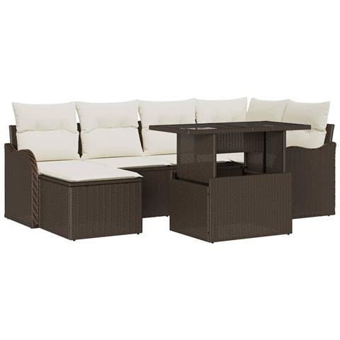 Set Divano da Giardino da 7 Pezzi con Cuscini in Rattan Polietilene Marrone, Divano da Giardino a 2 posti con Cuscini in Rattan Polietilene Marrone - Foto 1