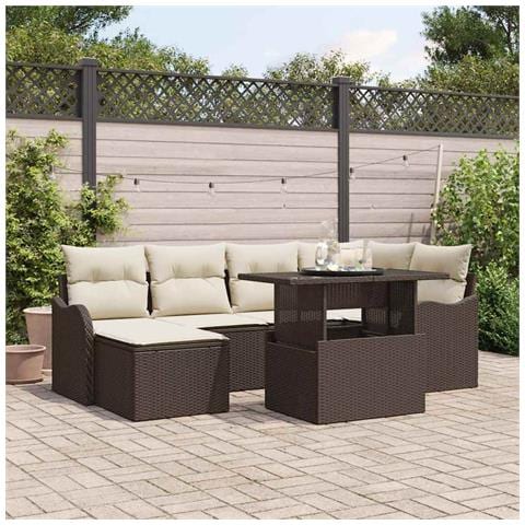 Set Divano da Giardino da 7 Pezzi con Cuscini in Rattan Polietilene Marrone, Divano da Giardino a 2 posti con Cuscini in Rattan Polietilene Marrone - Foto 2